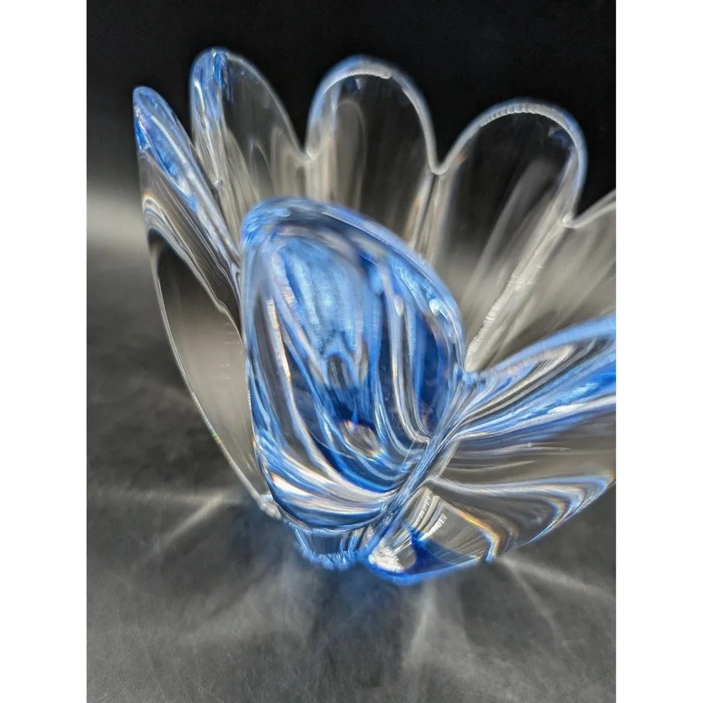 Orrefors Mayflower Crystal Bowl Blue Clear Hand Blown Petal Dish‎ Signed 4